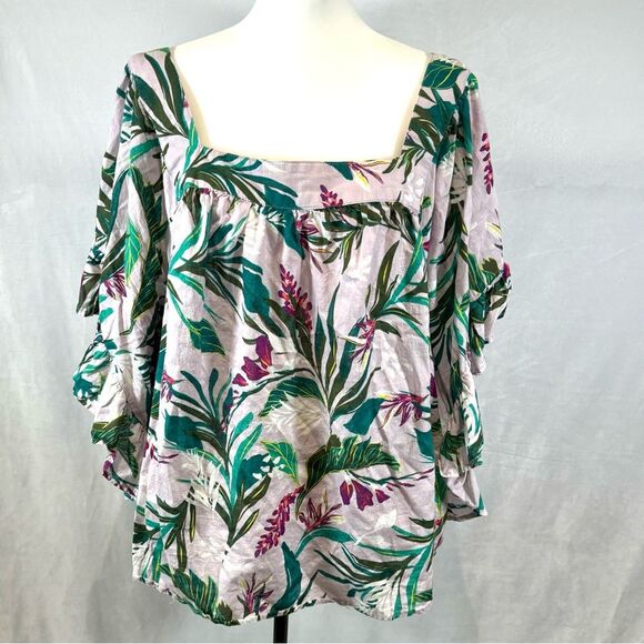 Light lavender purple tropical print 100% cotton square neck top size 4X - Picture 1 of 8